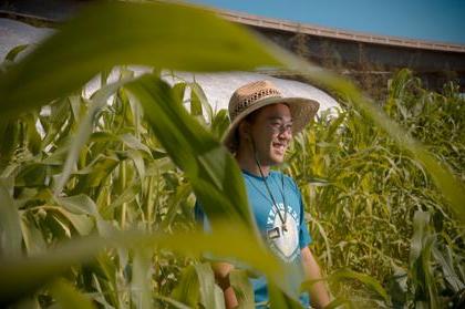 Student stands in corn field